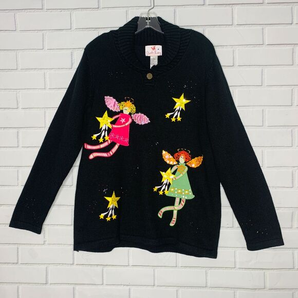 NWT Quacker Factory sweater Christmas angels black embellished size large women - Picture 1 of 14